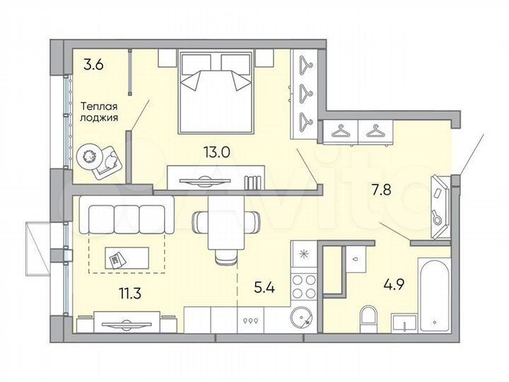 2-к. квартира, 46 м², 3/18 эт.