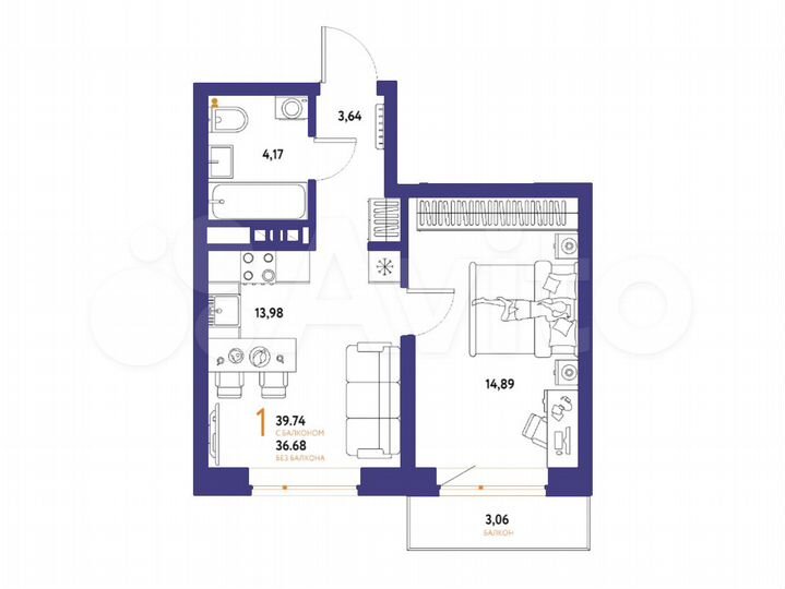 1-к. квартира, 39,7 м², 6/13 эт.