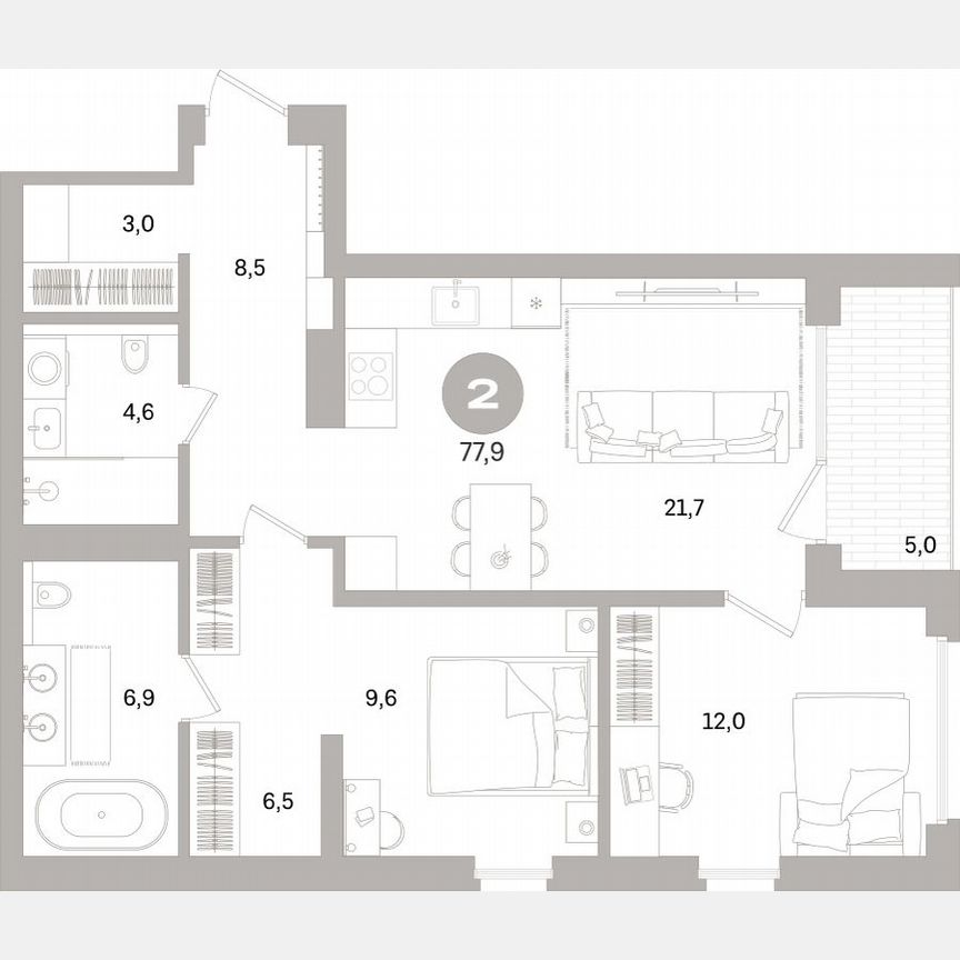 2-к. квартира, 83,8 м², 3/16 эт.