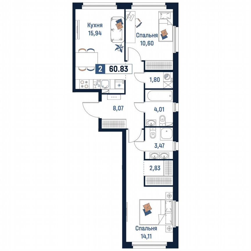 2-к. квартира, 60,8 м², 2/18 эт.