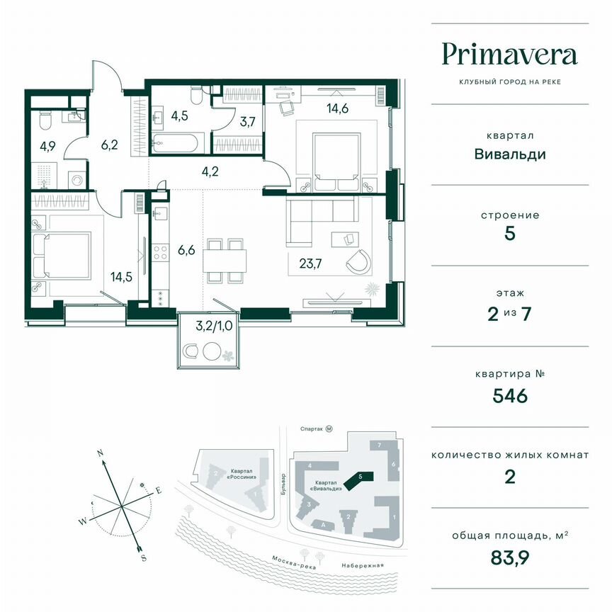 2-к. квартира, 83,9 м², 2/7 эт.