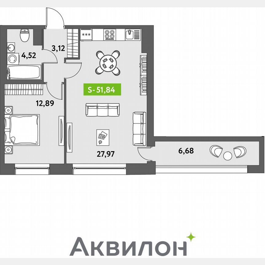1-к. квартира, 52,1 м², 12/12 эт.