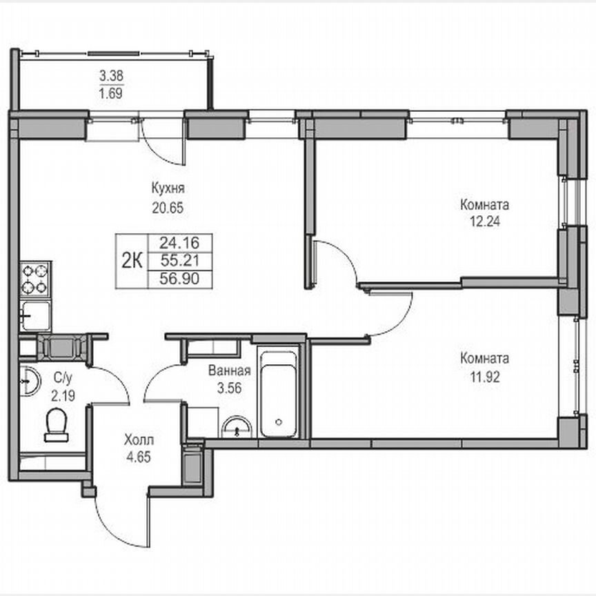 2-к. квартира, 56,9 м², 8/23 эт.