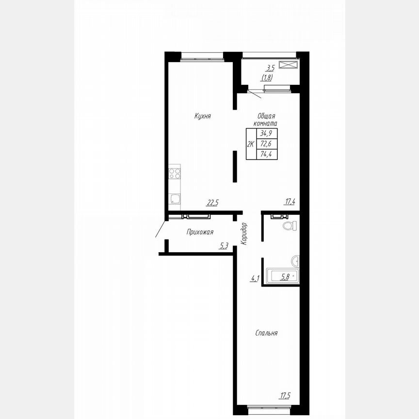 2-к. квартира, 74,4 м², 12/17 эт.
