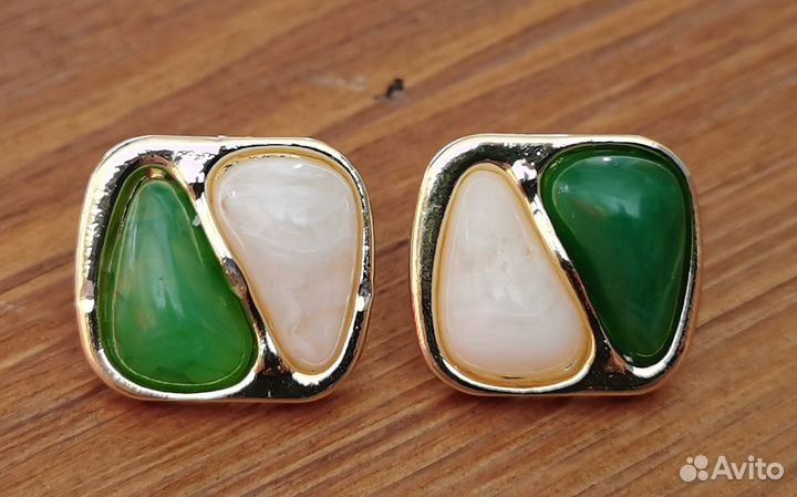 Серьги Геометрия Смола зелёный+белый