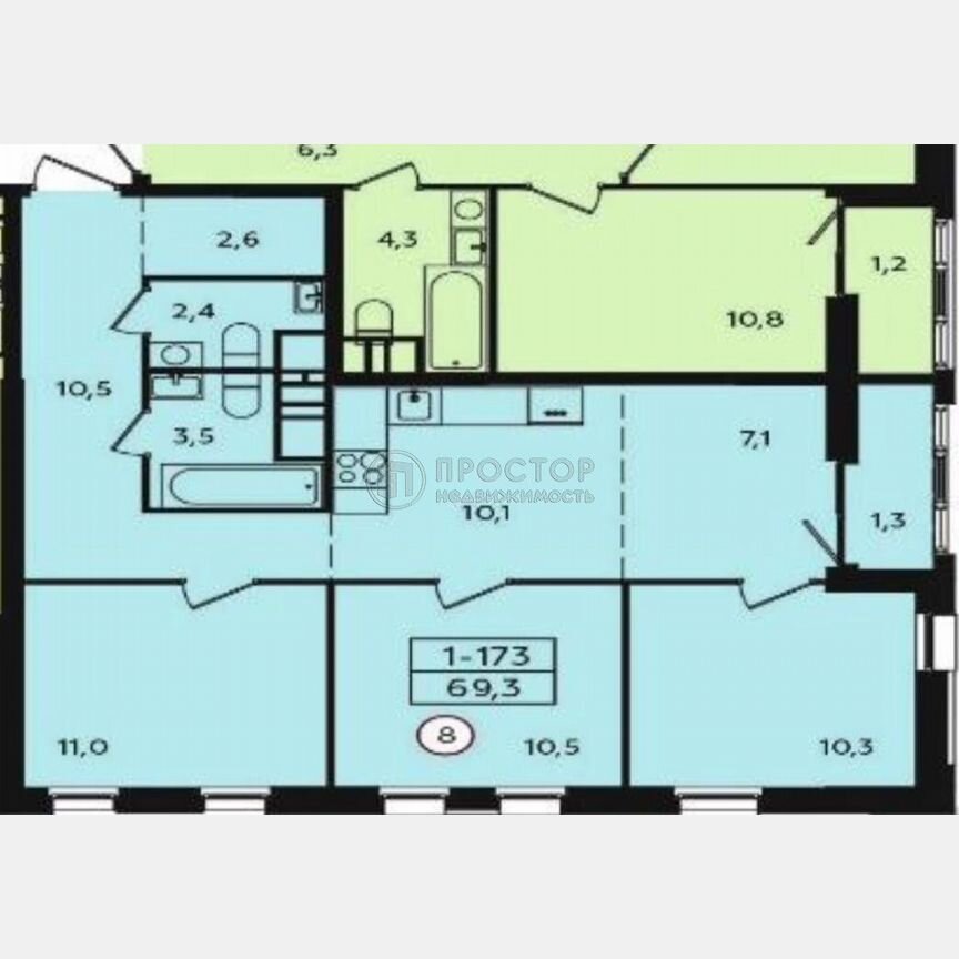 3-к. квартира, 69,3 м², 17/18 эт.