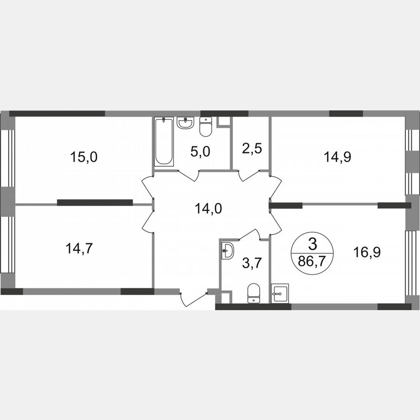 3-к. квартира, 86,7 м², 2/17 эт.