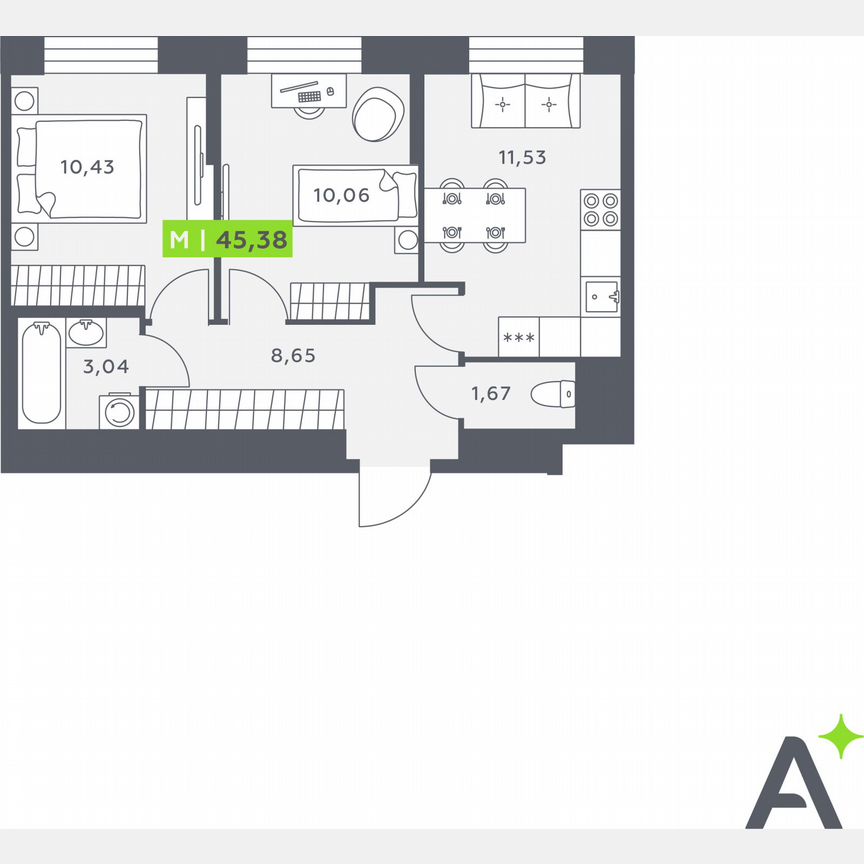 2-к. квартира, 45,4 м², 1/12 эт.