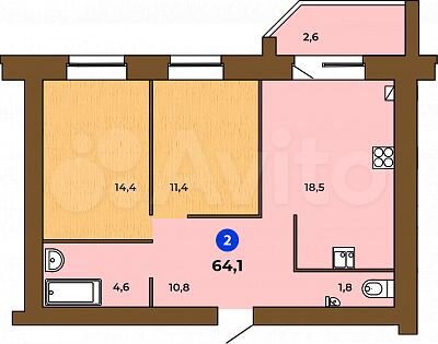 2-к. квартира, 64,1 м², 1/9 эт.