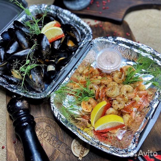 Креветки, мидии, морепродукты (вареные, жареные и