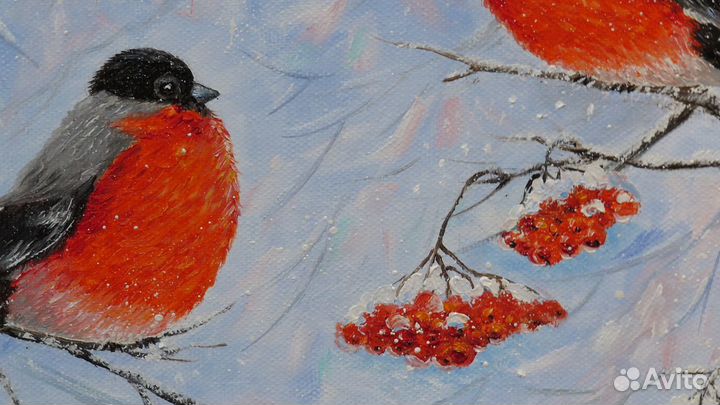 Картина снегири Зимний пейзаж с птицами на рябине