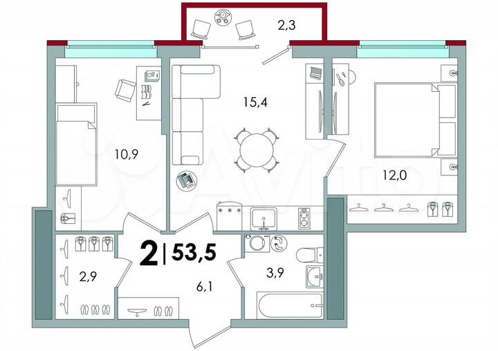 2-к. квартира, 53,5 м², 12/16 эт.