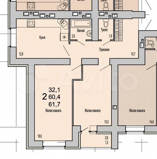 2-к. квартира, 61,7 м², 5/19 эт.