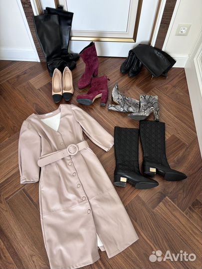 Платье экокожа 42,туфли сапоги 38 chanel