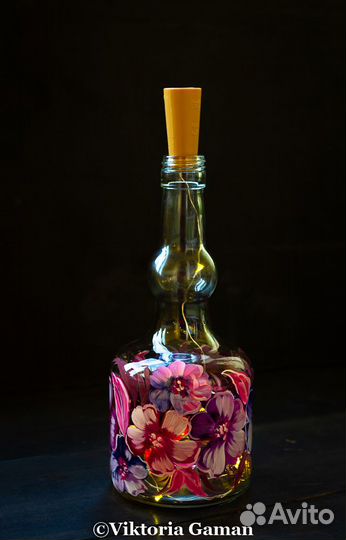 Бутылка-светильник роспись маслом вручную