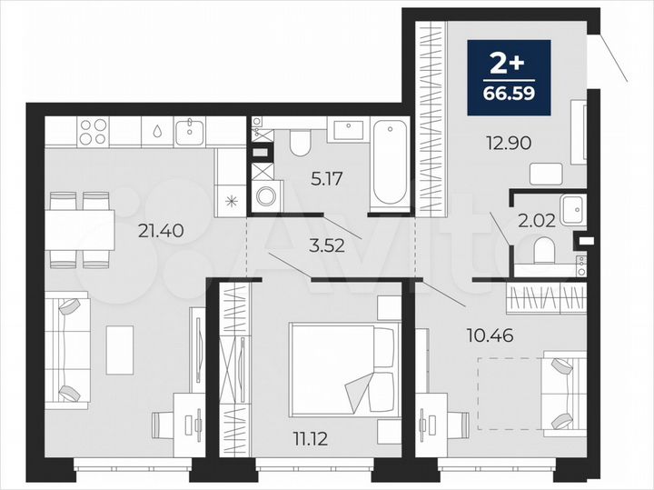 2-к. квартира, 66,6 м², 1/22 эт.