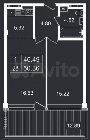 2-к. апартаменты, 50,4 м², 5/8 эт.