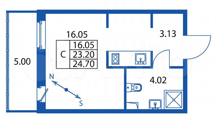 Квартира-студия, 24,7 м², 1/12 эт.