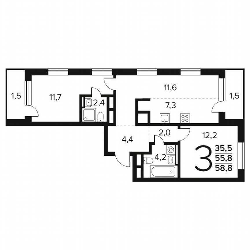 3-к. квартира, 58,8 м², 2/9 эт.