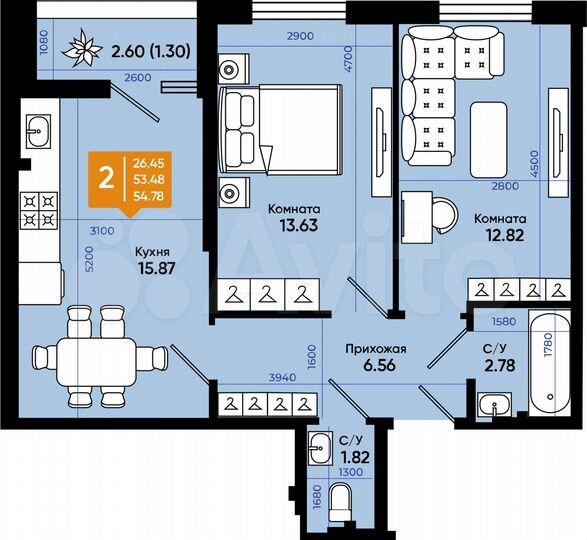 2-к. квартира, 54,8 м², 1/9 эт.