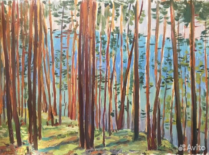 Этюд картон масло Сосновый лес