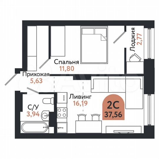 2-к. квартира, 37,6 м², 5/26 эт.