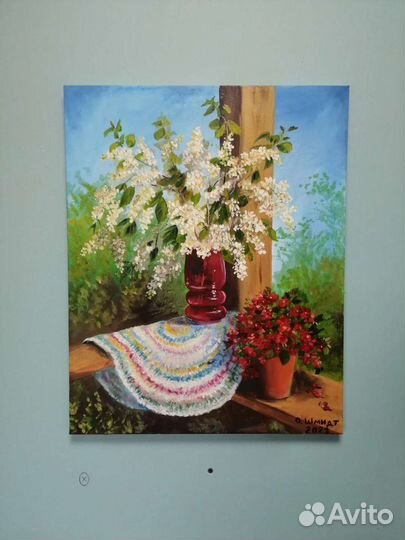 Картина маслом на холсте. Черемуха в красной вазе