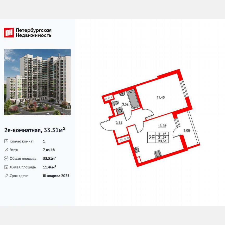1-к. квартира, 33,5 м², 7/18 эт.