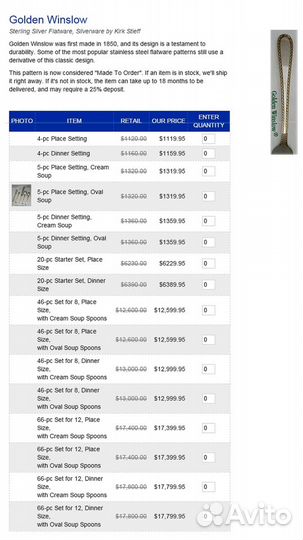 Столовый набор серебра 925 12 персон с золочением