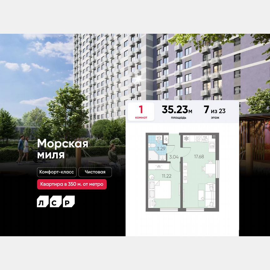 1-к. квартира, 35,2 м², 7/23 эт.