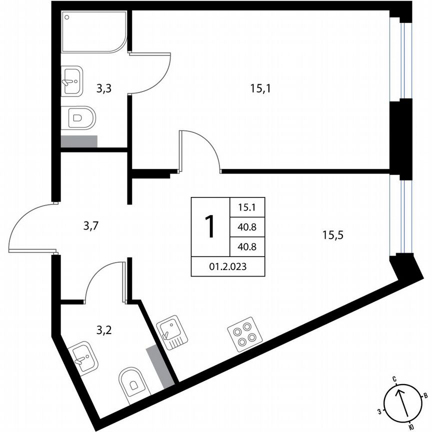 1-к. квартира, 40,8 м², 1/3 эт.