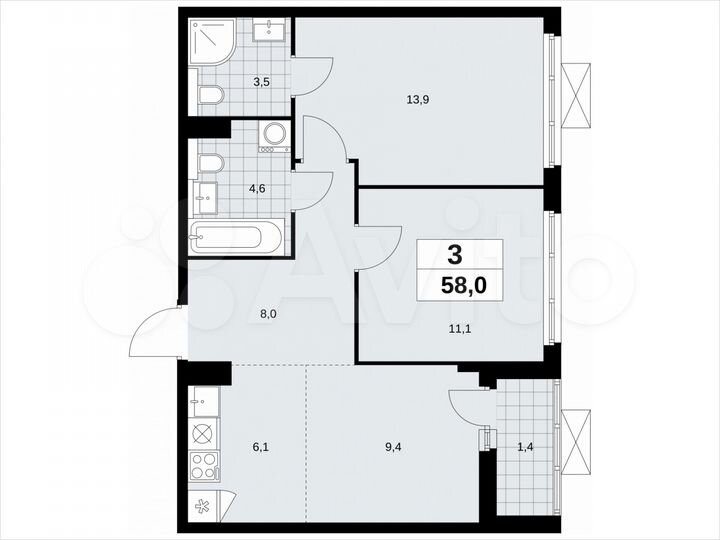 3-к. квартира, 58 м², 17/19 эт.