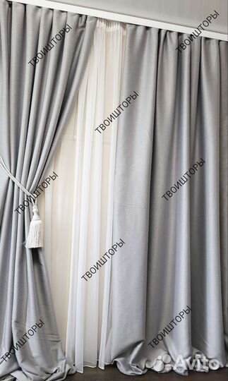 Шторы блэкаут под лен кашемир серые