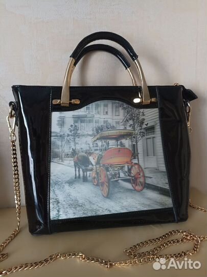 Сумка черный лак с 3D фото эксклюзив