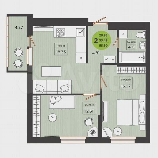 2-к. квартира, 55,6 м², 24/26 эт.