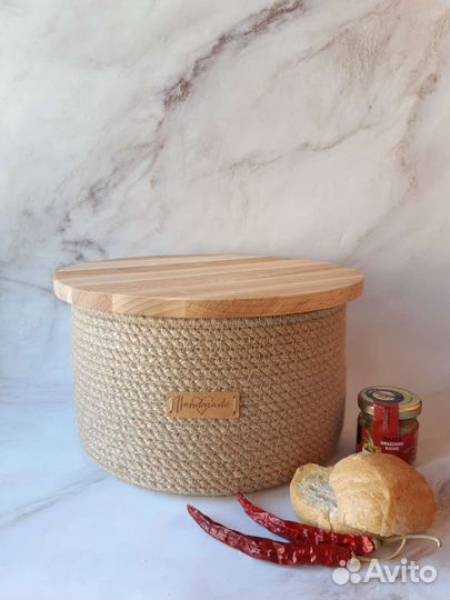 Хлебница 2в1 из джута с крышкой доской