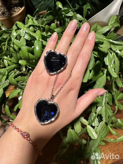 Кулон сердце и кольцо синее