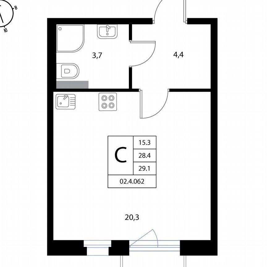 Квартира-студия, 29,1 м², 2/3 эт.