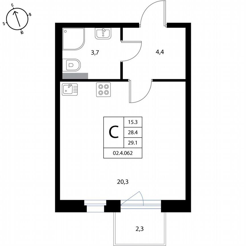 Квартира-студия, 29,1 м², 2/3 эт.