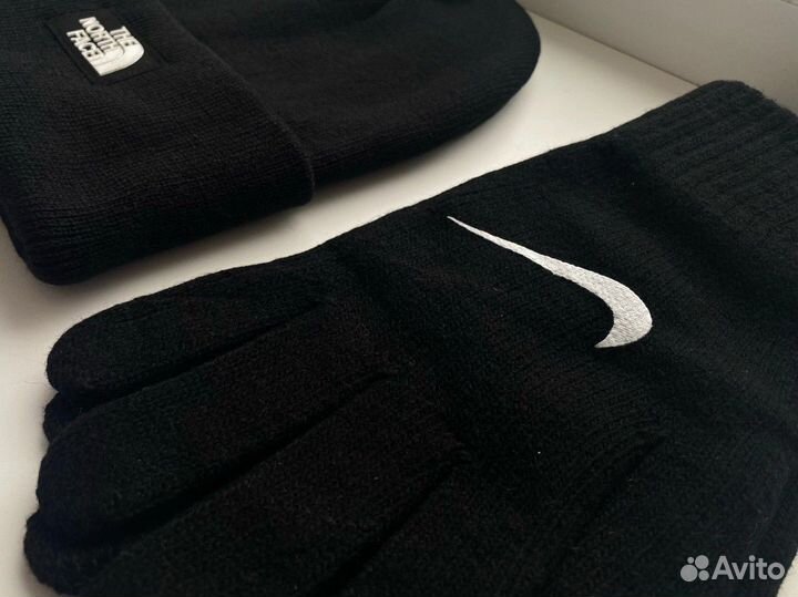 Зимний Комплект 3В1 Шапка TNF и перчатки nike