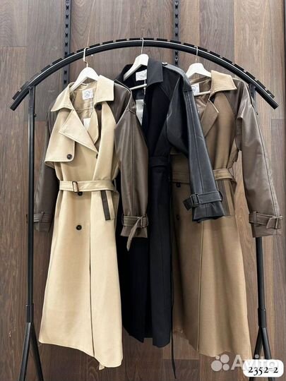 Пальто тренч комбинированный с кожей 3 цвета