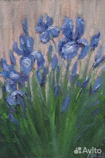 Картина маслом синие цветы Ирисы в саду