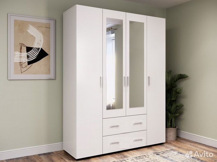 Белый распашной шкаф с зеркалом / Гарантия 12 мес