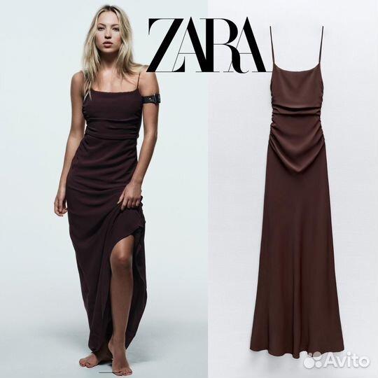 Платье миди коричневое zara лила мосс