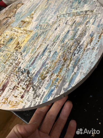 Дождь и музыка картина маслом круглая 40х40 см