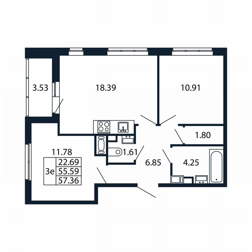 3-к. квартира, 59,1 м², 10/12 эт.