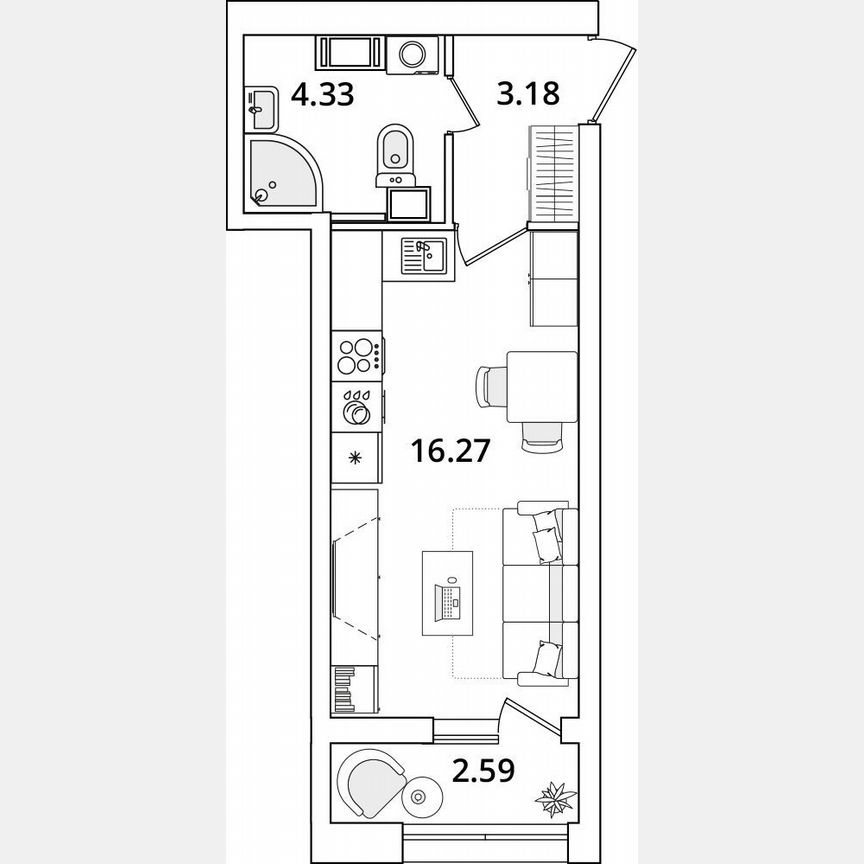 Квартира-студия, 25,1 м², 12/22 эт.