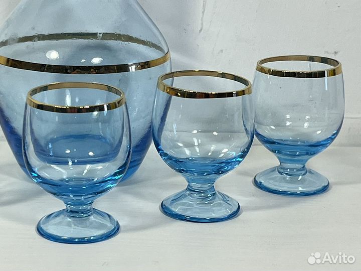 Графин и рюмки ликерные, голубое стекло, СССР