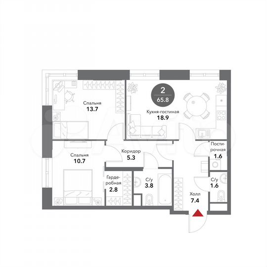 2-к. апартаменты, 65,8 м², 15/19 эт.