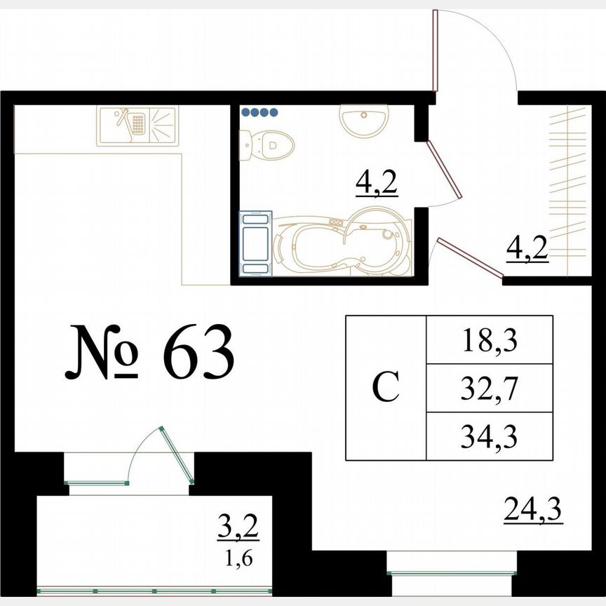 Квартира-студия, 34,3 м², 8/8 эт.